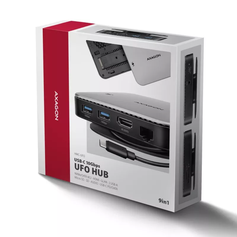 Axagon HMC-UFO USB-C stotelė su M.2 SATA/NVMe lizdu, 1 Gbit/s Ethernet, 384 kHz garsu, USB 3.2 Gen 2 (3.1 Gen 2) Type-C, juoda