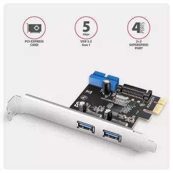 „Axagon PCEU-232RS“ PCIe valdiklis 2 išoriniai + 2 vidiniai USB 5 Gbps
