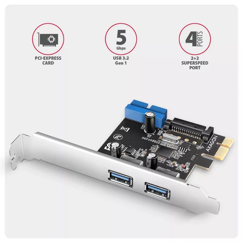 „Axagon PCEU-232RS“ PCIe valdiklis 2 išoriniai + 2 vidiniai USB 5 Gbps