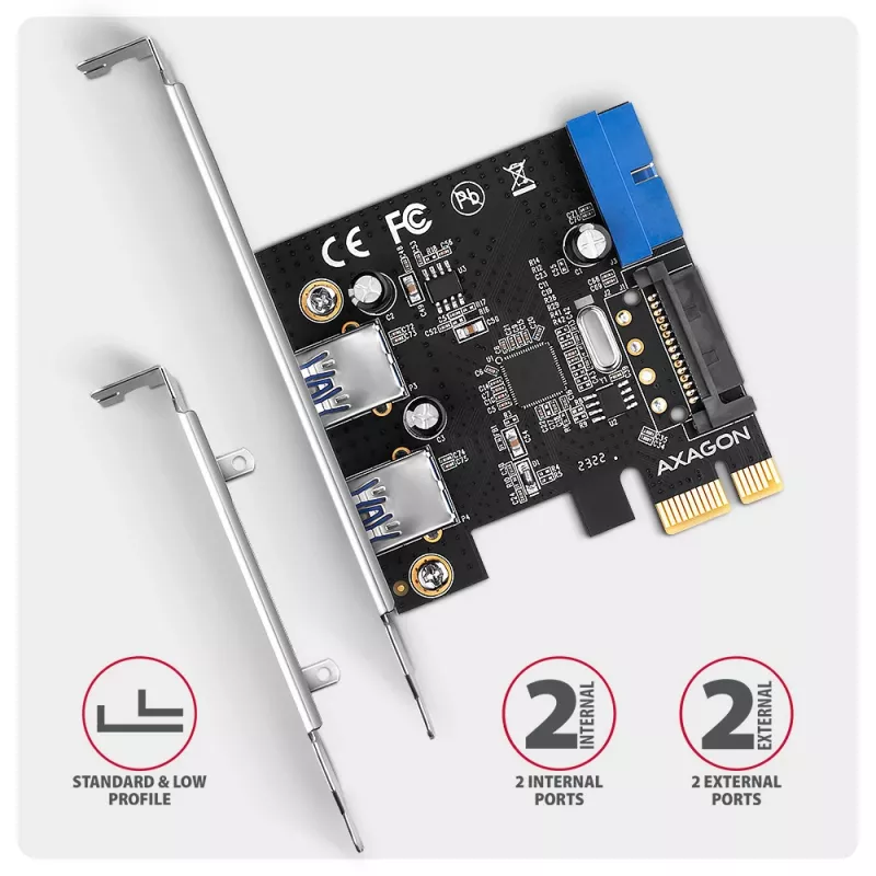 „Axagon PCEU-232RS“ PCIe valdiklis 2 išoriniai + 2 vidiniai USB 5 Gbps