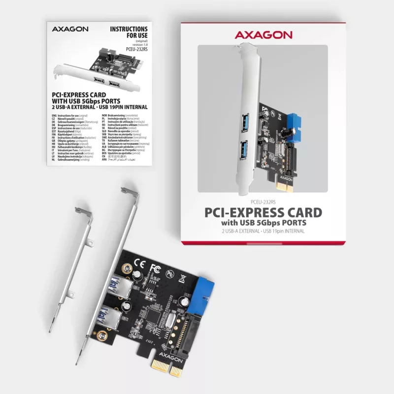 „Axagon PCEU-232RS“ PCIe valdiklis 2 išoriniai + 2 vidiniai USB 5 Gbps