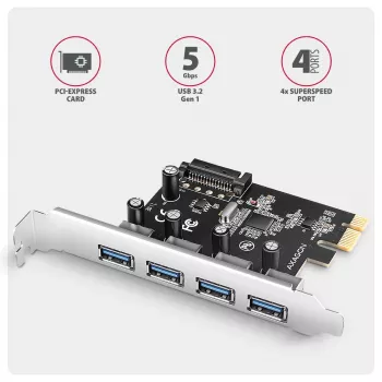 Axagon PCEU-430RS PCIe valdiklis 4x išor. USB-A 5Gbps prievadas, PCIe, USB 3.2 Gen 1 (3.1 Gen 1), Moteriškas, Pilno aukščio, PCIe 2.0, SATA 15-pin