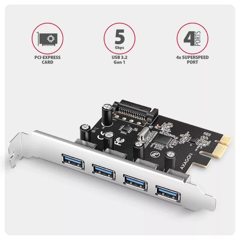 Axagon PCEU-430RS PCIe valdiklis 4x išor. USB-A 5Gbps prievadas, PCIe, USB 3.2 Gen 1 (3.1 Gen 1), Moteriškas, Pilno aukščio, PCIe 2.0, SATA 15-pin