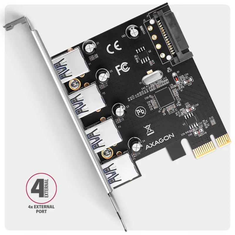 Axagon PCEU-430RS PCIe valdiklis 4x išor. USB-A 5Gbps prievadas, PCIe, USB 3.2 Gen 1 (3.1 Gen 1), Moteriškas, Pilno aukščio, PCIe 2.0, SATA 15-pin