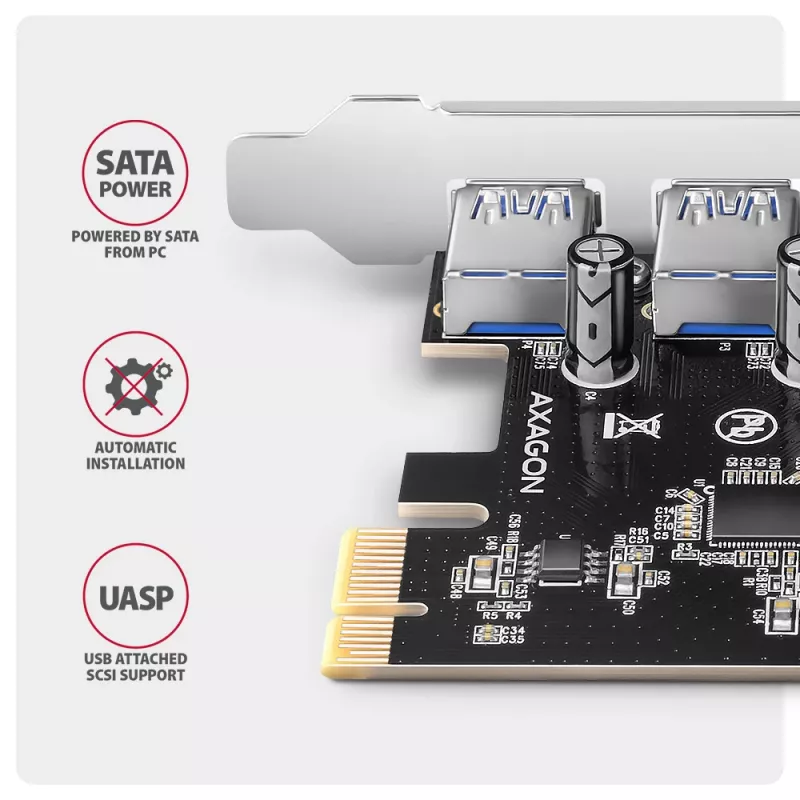 Axagon PCEU-430RS PCIe valdiklis 4x išor. USB-A 5Gbps prievadas, PCIe, USB 3.2 Gen 1 (3.1 Gen 1), Moteriškas, Pilno aukščio, PCIe 2.0, SATA 15-pin
