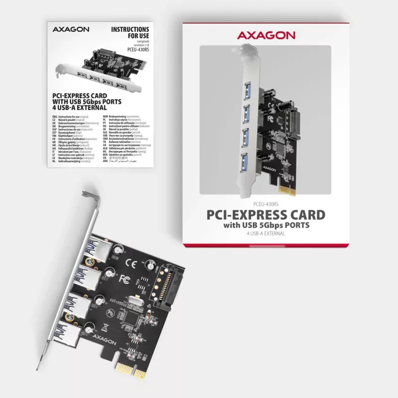 Axagon PCEU-430RS PCIe valdiklis 4x išor. USB-A 5Gbps prievadas, PCIe, USB 3.2 Gen 1 (3.1 Gen 1), Moteriškas, Pilno aukščio, PCIe 2.0, SATA 15-pin