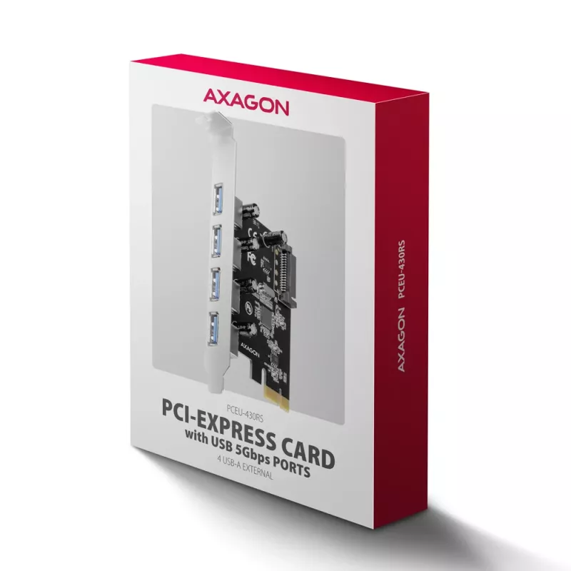 Axagon PCEU-430RS PCIe valdiklis 4x išor. USB-A 5Gbps prievadas, PCIe, USB 3.2 Gen 1 (3.1 Gen 1), Moteriškas, Pilno aukščio, PCIe 2.0, SATA 15-pin