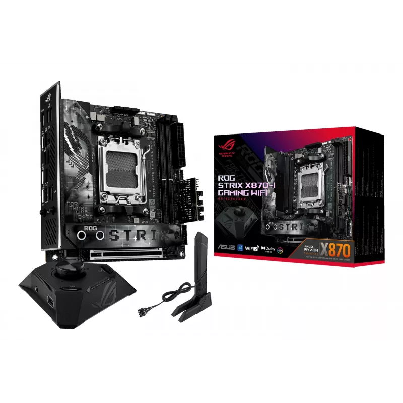 Motininė plokštė ASUS ROG STRIX X870-I GAMING WIFI mini ITX · AMD X870 · Socket AM5 · DDR5 · 2 DIMM · Wi‑Fi 7 · Bluetooth 5.4