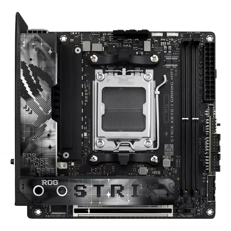 Motininė plokštė ASUS ROG STRIX X870-I GAMING WIFI mini ITX · AMD X870 · Socket AM5 · DDR5 · 2 DIMM · Wi‑Fi 7 · Bluetooth 5.4