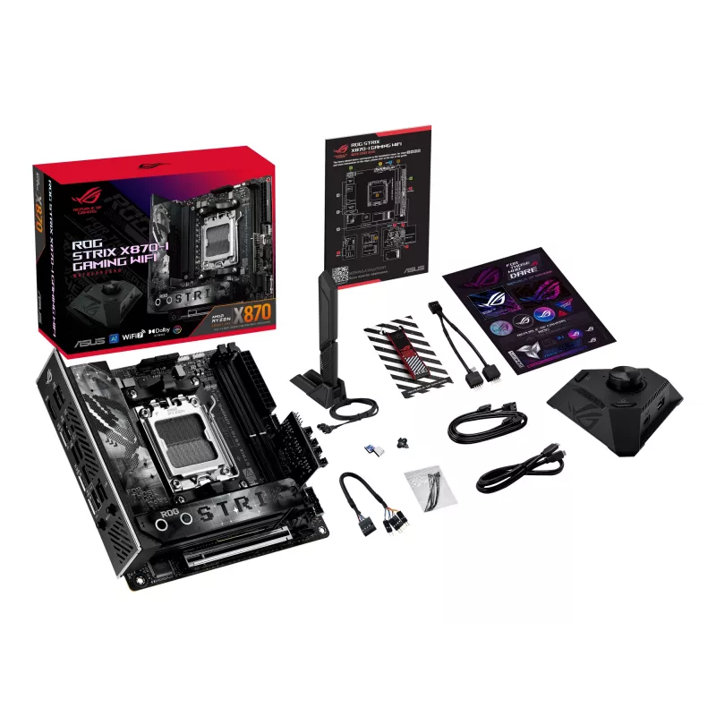 Motininė plokštė ASUS ROG STRIX X870-I GAMING WIFI mini ITX · AMD X870 · Socket AM5 · DDR5 · 2 DIMM · Wi‑Fi 7 · Bluetooth 5.4