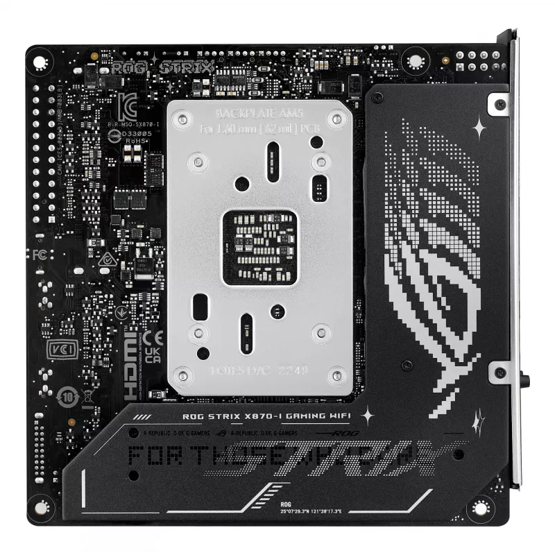 Motininė plokštė ASUS ROG STRIX X870-I GAMING WIFI mini ITX · AMD X870 · Socket AM5 · DDR5 · 2 DIMM · Wi‑Fi 7 · Bluetooth 5.4