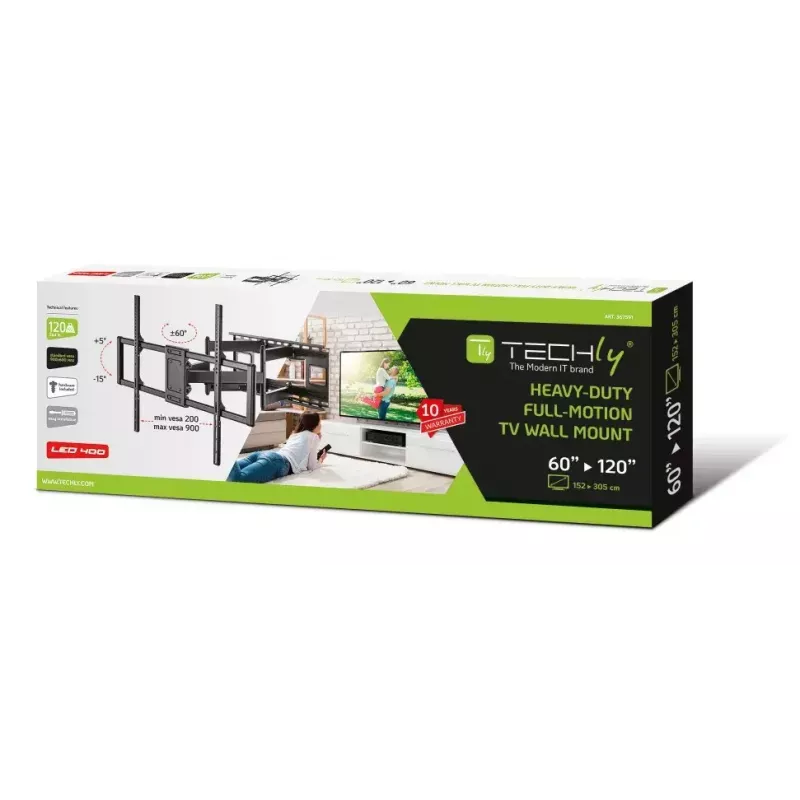 Techly Slim sieninis laikiklis 60-120 colių LCD LED televizoriui, juodas, maksimali apkrova 120 kg