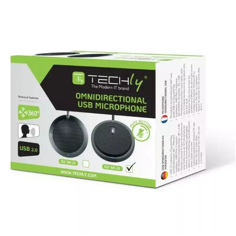 Konferencinis mikrofonas TECHLY 362725, USB-A, įvairiakryptis, 3 m diapazonas, 100–16000 Hz, 680 Ω, metalinis korpusas, 2 m laidas