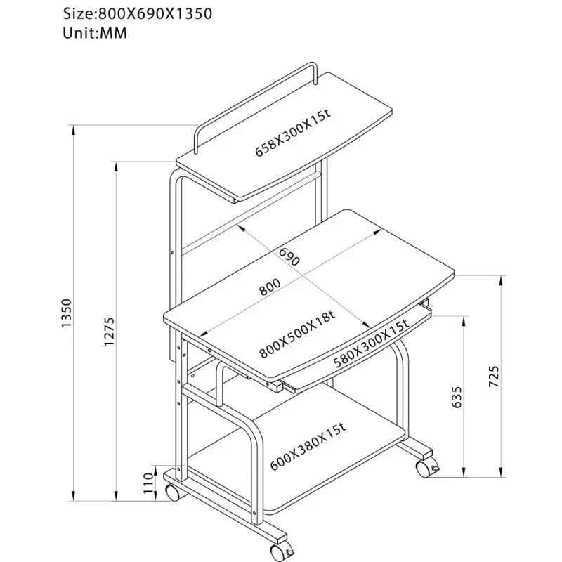 Kompiuterinis stalas Techly ICA-TB 7800BK, blizganti juoda