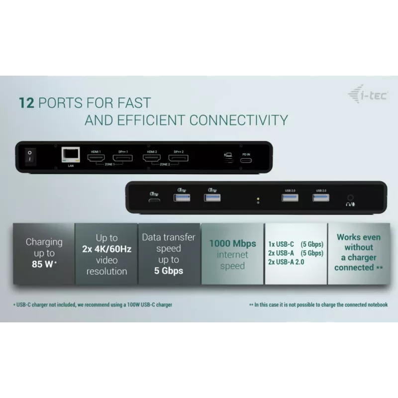 i-tec Universal Dual 4K Display Dock stotelė su 85W įkrovimu