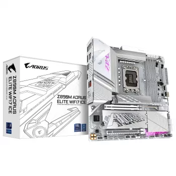 GIGABYTE Z890M AORUS ELITE WIFI7 ICE pagrindinė plokštė – palaiko Intel Core Ultra (2 serijos) procesorius, 12+1+2 fazių VRM, iki 8800MHz DDR5 (OC), 1xPCIe 5.0 + 2xPCIe 4.0, Wi-Fi 7, 2.5GbE LAN, USB 4