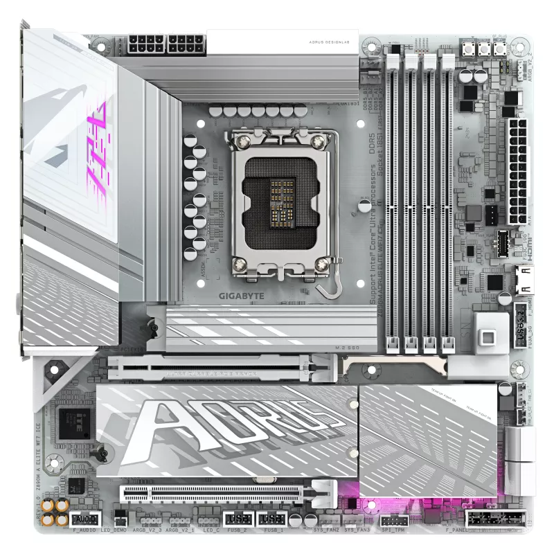 GIGABYTE Z890M AORUS ELITE WIFI7 ICE pagrindinė plokštė – palaiko Intel Core Ultra (2 serijos) procesorius, 12+1+2 fazių VRM, iki 8800MHz DDR5 (OC), 1xPCIe 5.0 + 2xPCIe 4.0, Wi-Fi 7, 2.5GbE LAN, USB 4