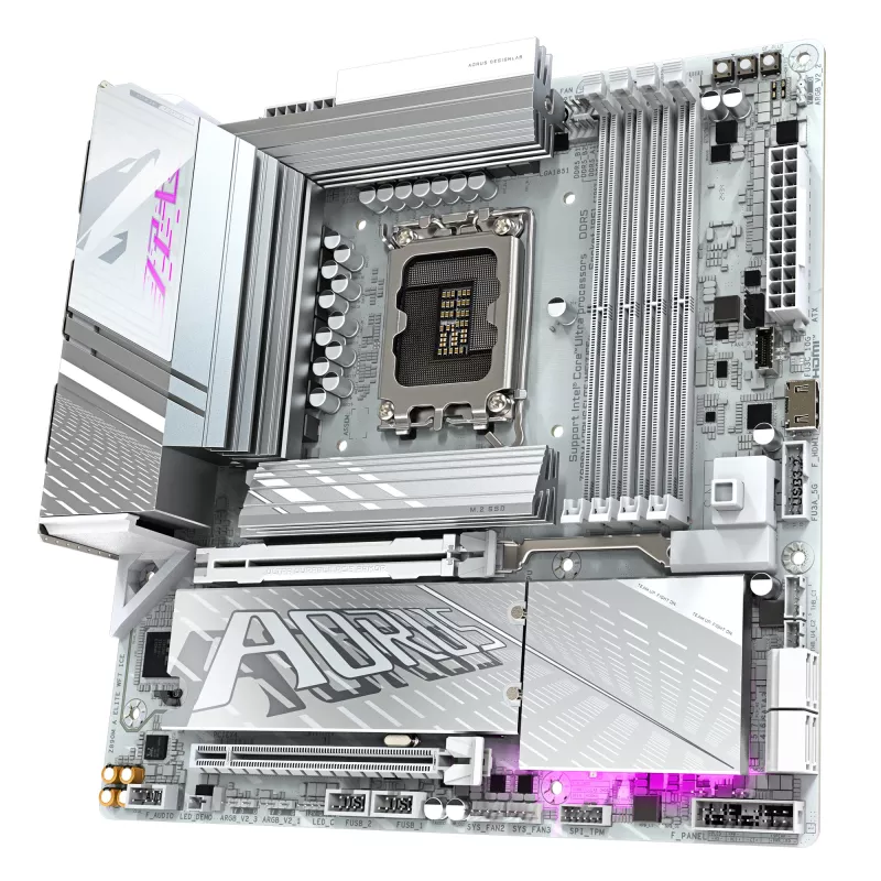 GIGABYTE Z890M AORUS ELITE WIFI7 ICE pagrindinė plokštė – palaiko Intel Core Ultra (2 serijos) procesorius, 12+1+2 fazių VRM, iki 8800MHz DDR5 (OC), 1xPCIe 5.0 + 2xPCIe 4.0, Wi-Fi 7, 2.5GbE LAN, USB 4