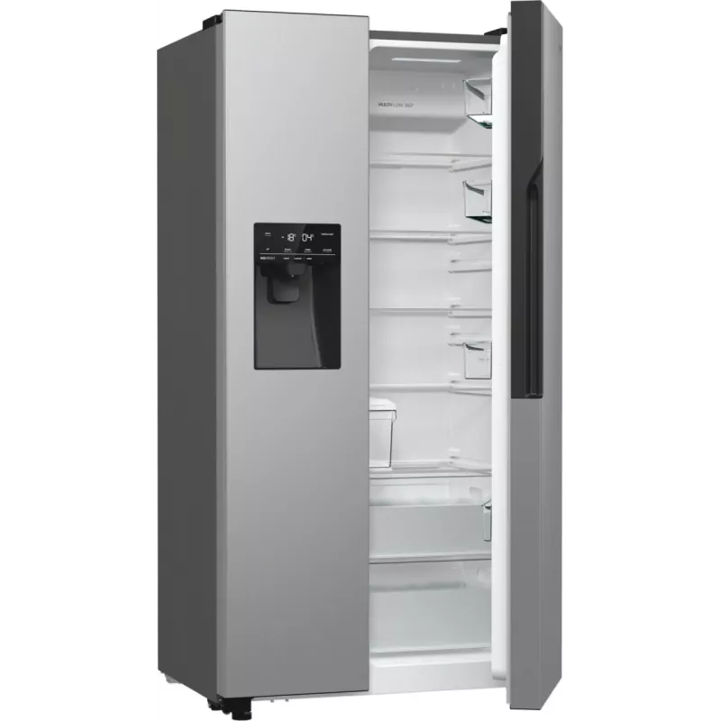 Gorenje Side by side NRR9185ESXL BK065B, laisvai pastatomas, amerikietiškos durelės, pilka, LED, plienas, stiklas