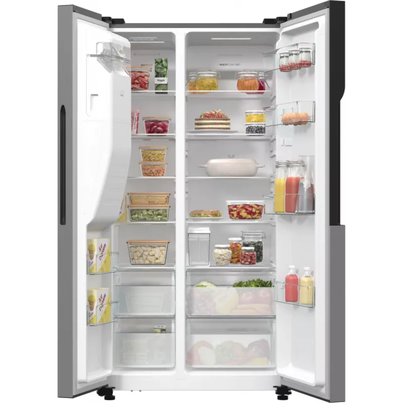 Gorenje Side by side NRR9185ESXL BK065B, laisvai pastatomas, amerikietiškos durelės, pilka, LED, plienas, stiklas