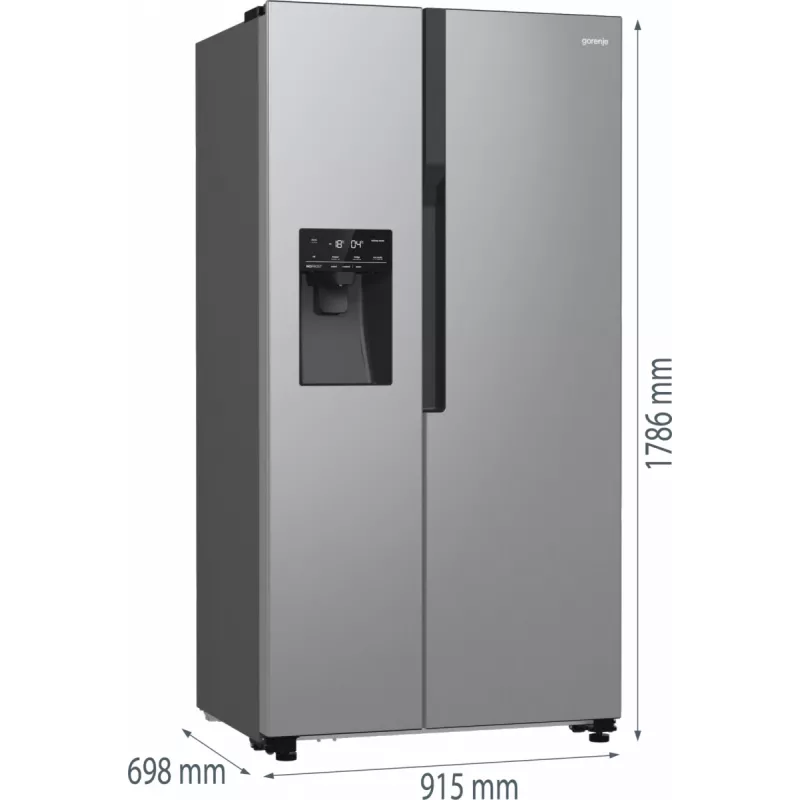 Gorenje Side by side NRR9185ESXL BK065B, laisvai pastatomas, amerikietiškos durelės, pilka, LED, plienas, stiklas