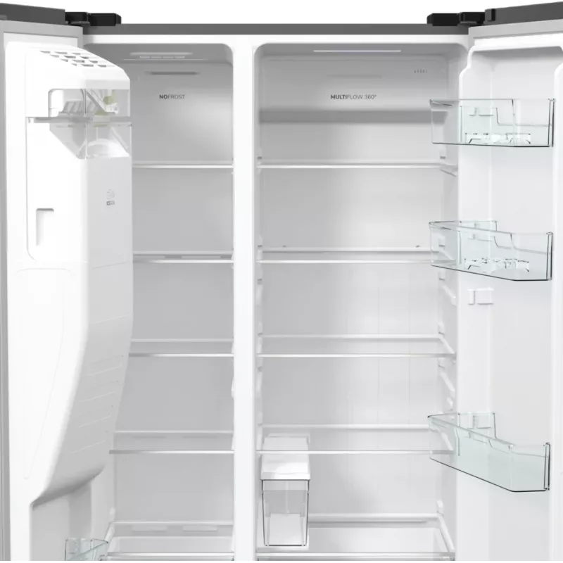 Gorenje Side by side NRR9185ESXL BK065B, laisvai pastatomas, amerikietiškos durelės, pilka, LED, plienas, stiklas