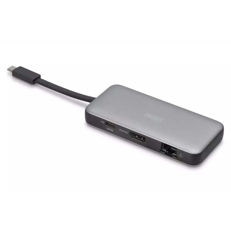 DIGITUS USB-C kelioninė stotelė, 7 prievadai - HDMI / 2x USB-A 3.2 Gen 1 / GbE / SD / MicroSD - 100W USB-C Power Delivery