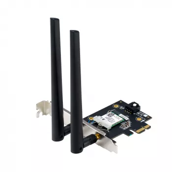 Vidinė WLAN Bluetooth adapterio kortelė ASUS PCE-BE6500 – PCIe, trijuostė Wi‑Fi 6E/7 (2,4/5/6 GHz), Bluetooth 5.4, 2882 Mbps, išorinė antena, juoda