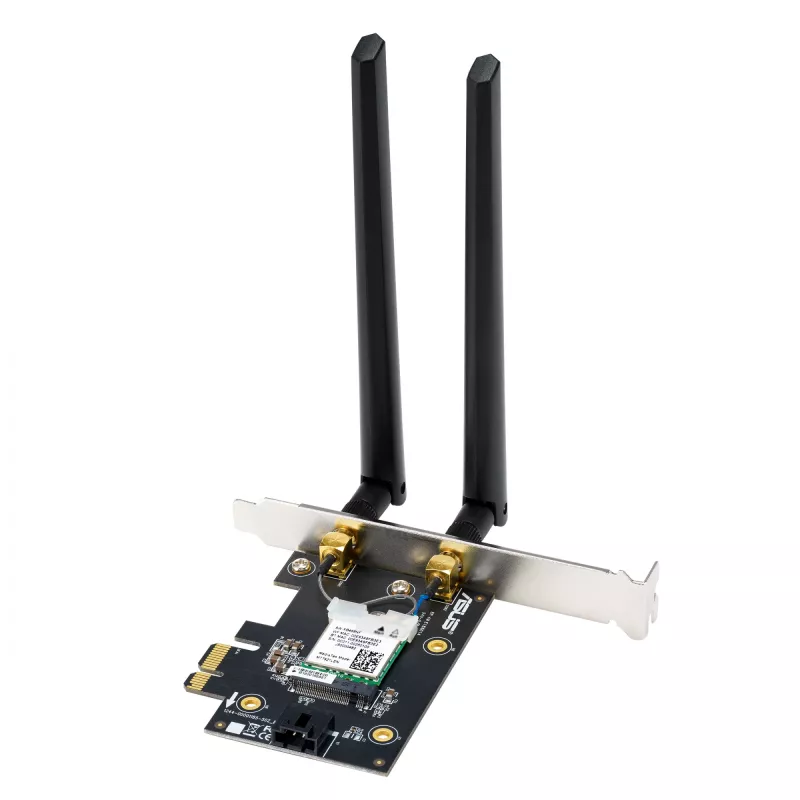 Vidinė WLAN Bluetooth adapterio kortelė ASUS PCE-BE6500 – PCIe, trijuostė Wi‑Fi 6E/7 (2,4/5/6 GHz), Bluetooth 5.4, 2882 Mbps, išorinė antena, juoda