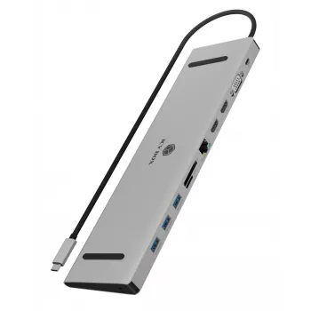 ICY BOX 11-in-1 USB Type-C stotelė, laidinė, USB 3.2 Gen 1 Type-C, 100 W, 3.5 mm, 10/100/1000 Mbit/s, antracito, juoda