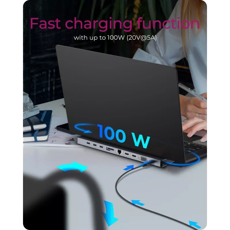 ICY BOX 11-in-1 USB Type-C stotelė, laidinė, USB 3.2 Gen 1 Type-C, 100 W, 3.5 mm, 10/100/1000 Mbit/s, antracito, juoda