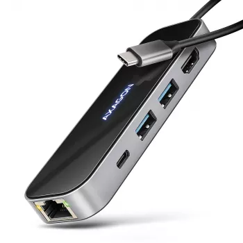 Axagon HMC-6GLN USB 5Gbps šakotuvas, 2x USB-A, USB-C, HDMI 4k/60Hz, RJ-45, PD 100W, USB-C laidas