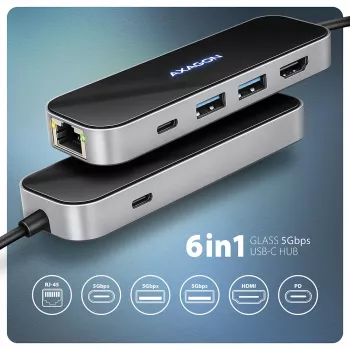 Axagon HMC-6GLN USB 5Gbps šakotuvas, 2x USB-A, USB-C, HDMI 4k/60Hz, RJ-45, PD 100W, USB-C laidas
