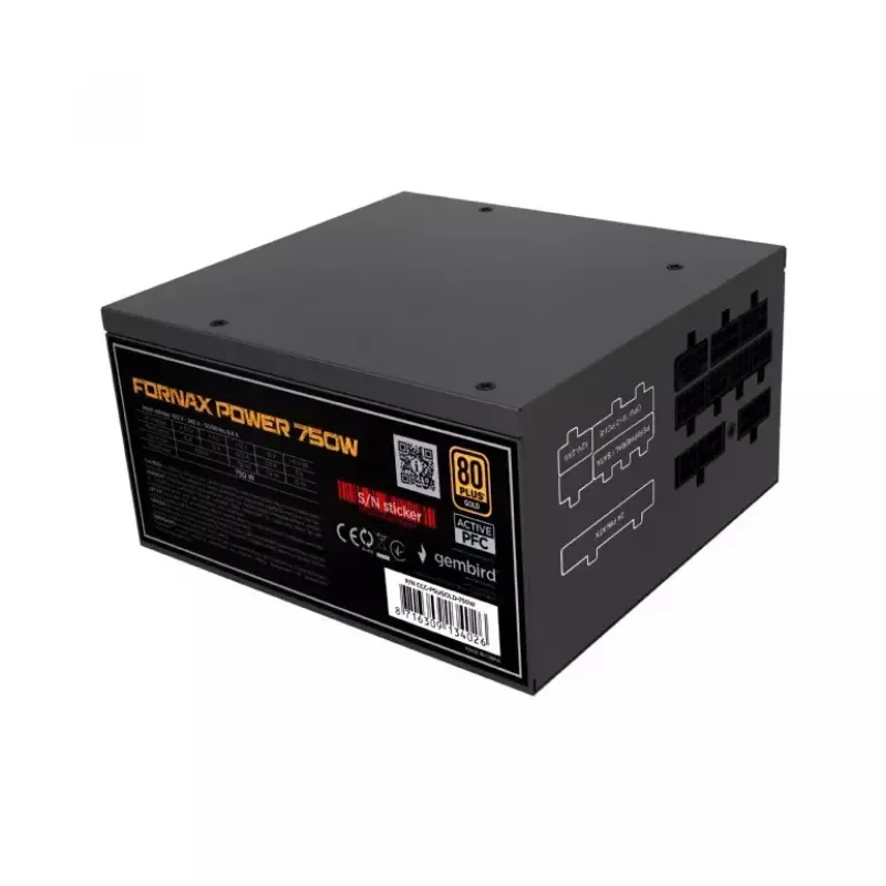 Maitinimo šaltinis GEMBIRD Fornax Power 750W ATX 80 PLUS Gold modulinis 12 cm ventiliatorius EPS 4+4pin PCIe 6+2pin SATA jungtys