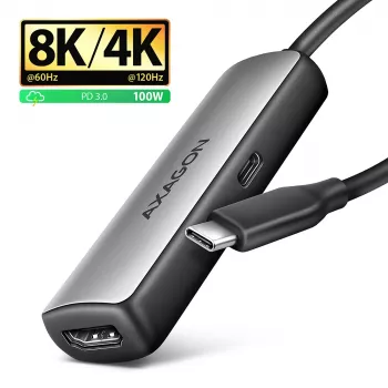 Adapteris Axagon RVC-HI8KPD, USB-C -> HDMI 2.1, 8K/60Hz, 4K/144Hz, HDR10+, PD100W