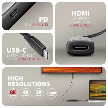Adapteris Axagon RVC-HI8KPD, USB-C -> HDMI 2.1, 8K/60Hz, 4K/144Hz, HDR10+, PD100W