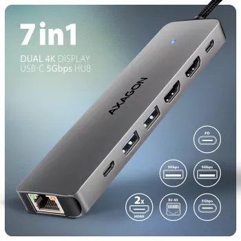Axagon HMC-7HX2 USB 5Gbps 7-in-1 stotelė, 2x USB-A, USB-C, 2x HDMI 4K/60Hz, RJ-45, PD 100W