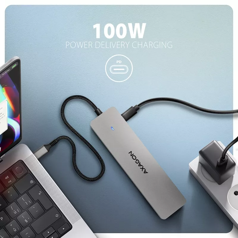 Axagon HMC-7HX2 USB 5Gbps 7-in-1 stotelė, 2x USB-A, USB-C, 2x HDMI 4K/60Hz, RJ-45, PD 100W