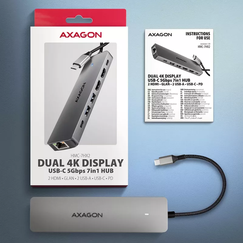Axagon HMC-7HX2 USB 5Gbps 7-in-1 stotelė, 2x USB-A, USB-C, 2x HDMI 4K/60Hz, RJ-45, PD 100W