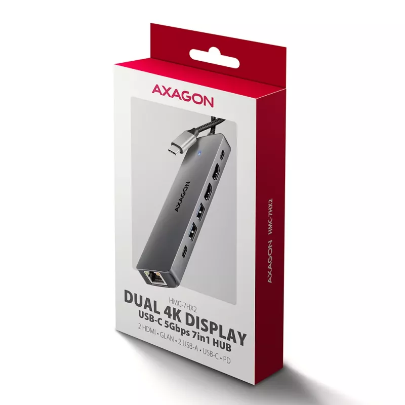 Axagon HMC-7HX2 USB 5Gbps 7-in-1 stotelė, 2x USB-A, USB-C, 2x HDMI 4K/60Hz, RJ-45, PD 100W