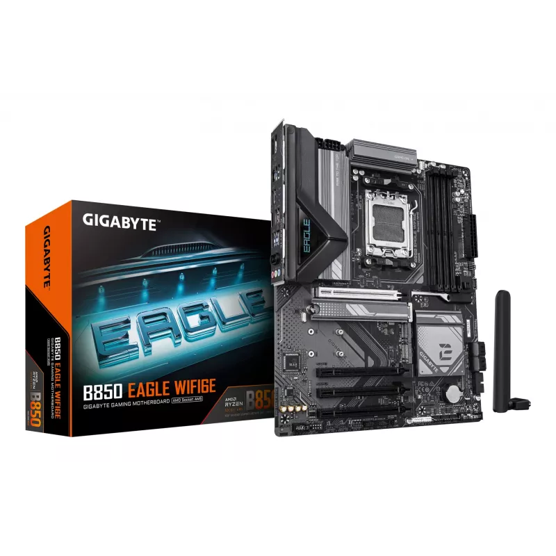 GIGABYTE B850 EAGLE WIFI6E pagrindinė plokštė – AMD Ryzen 9000 serijos procesoriams, 8+2+2 fazių skaitmeninis VRM, iki 8200MHz DDR5 (OC), 1xPCIe 5.0 + 2xPCIe 4.0 M.2, GbE LAN, Wi-Fi 6E, USB 3.2 Gen 2