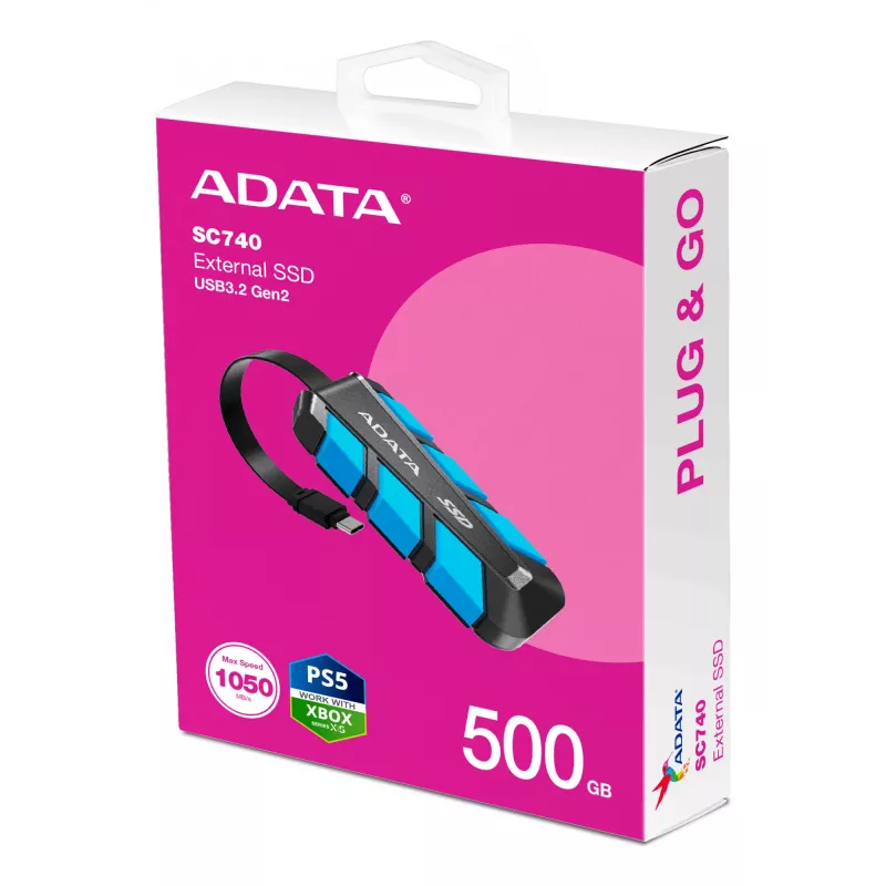 ADATA SC740 500 GB nešiojamas SSD diskas USB Type-C 3.2 Gen 2 juodas, mėlynas