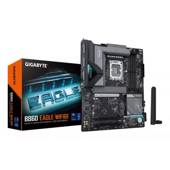 GIGABYTE B860 EAGLE WIFI6E pagrindinė plokštė – Intel Core Ultra procesoriams, 12+1+2+1 VRM fazės, iki 9066MHz DDR5, 1xPCIe 5.0 + 2xPCIe 4.0 M.2, 2.5GbE LAN, WIFI 6E, USB 3.2 Gen 2x2