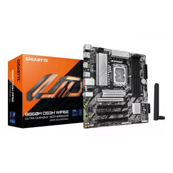 GIGABYTE B860M DS3H WIFI6E pagrindinė plokštė – Intel Core Ultra serijos procesoriams, 5+1+2+1 VRM fazės, iki 9066 MHz DDR5, 1xPCIe 5.0 + 1xPCIe 4.0 M.2, 2.5GbE LAN, WIFI 6E, USB 3.2 Gen 2