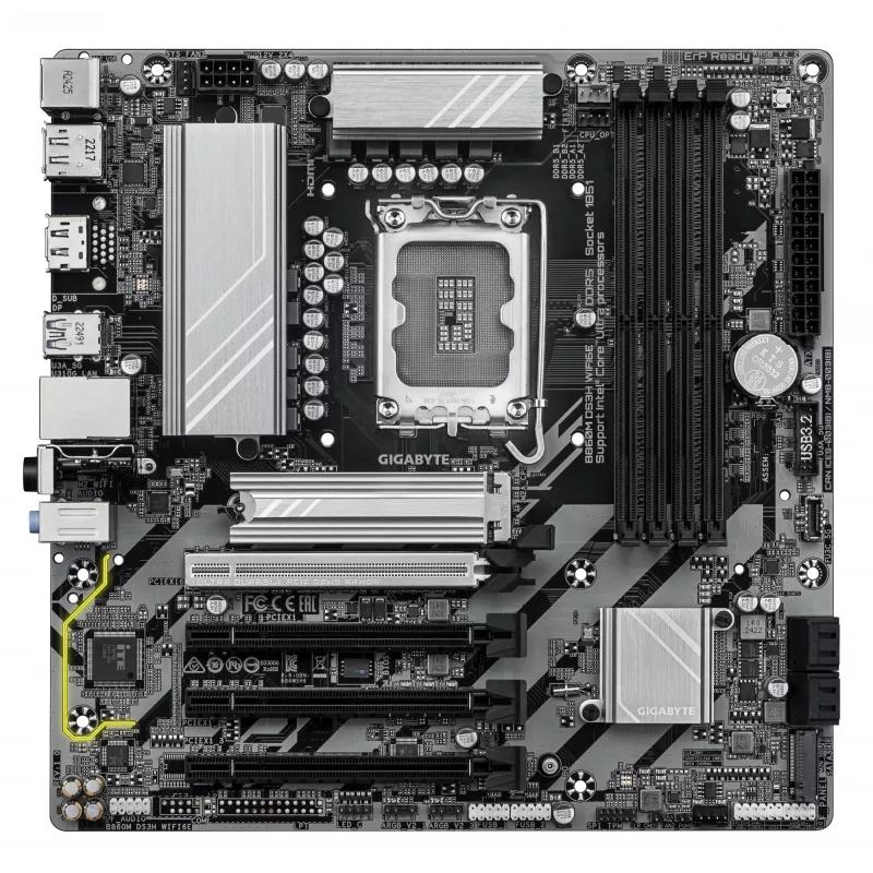 GIGABYTE B860M DS3H WIFI6E pagrindinė plokštė – Intel Core Ultra serijos procesoriams, 5+1+2+1 VRM fazės, iki 9066 MHz DDR5, 1xPCIe 5.0 + 1xPCIe 4.0 M.2, 2.5GbE LAN, WIFI 6E, USB 3.2 Gen 2