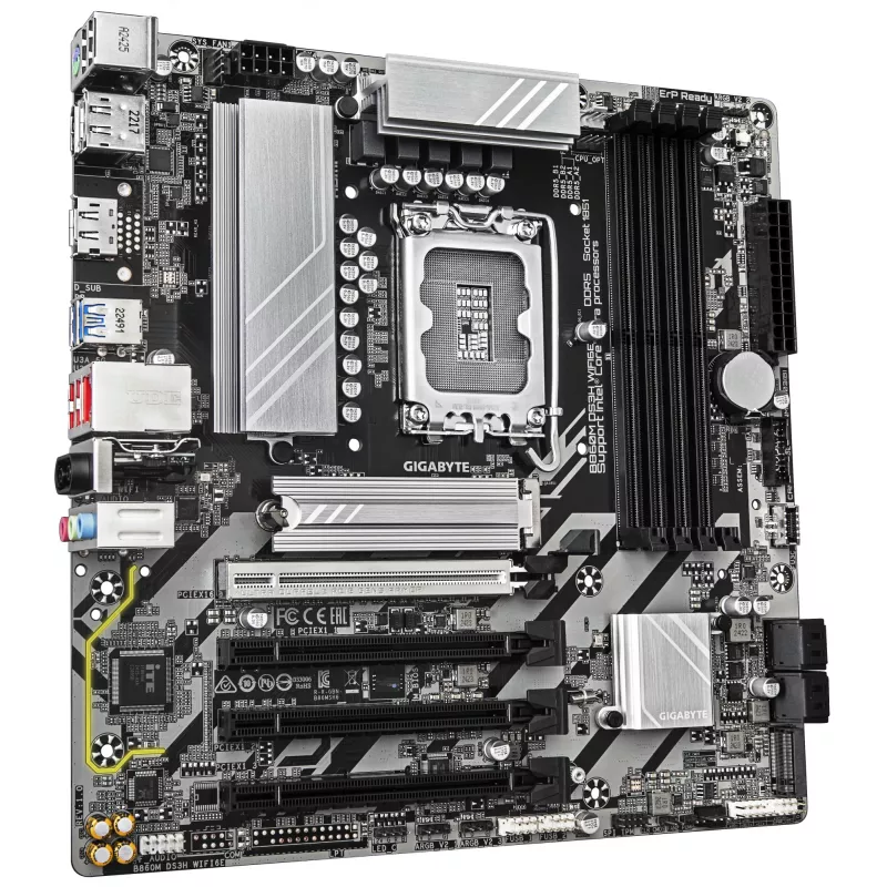 GIGABYTE B860M DS3H WIFI6E pagrindinė plokštė – Intel Core Ultra serijos procesoriams, 5+1+2+1 VRM fazės, iki 9066 MHz DDR5, 1xPCIe 5.0 + 1xPCIe 4.0 M.2, 2.5GbE LAN, WIFI 6E, USB 3.2 Gen 2