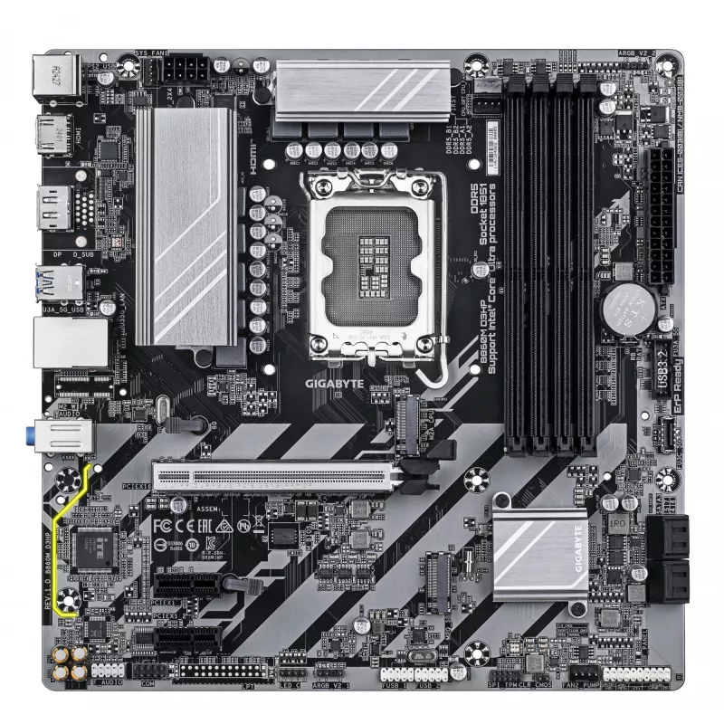 GIGABYTE B860M D3HP pagrindinė plokštė – Intel Core Ultra procesoriams, 4+1+2+1 fazių VRM, iki 9066MHz DDR5, 2xPCIe 4.0 M.2, GbE LAN, USB 3.2 Gen 1
