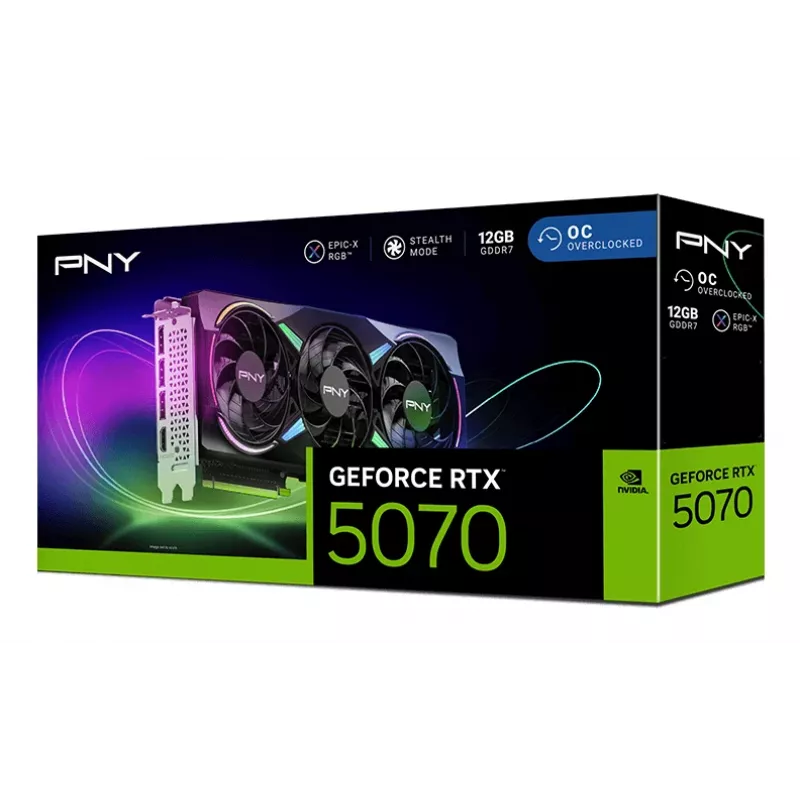 PNY GeForce RTX 5070 12GB ARGB Overclocked Triple Fan vaizdo plokštė - 12GB GDDR7 - DisplayPort 2.1b / HDMI 2.1b