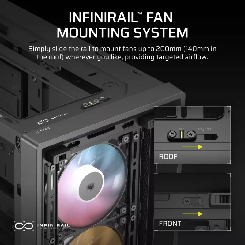 PC korpusas CORSAIR FRAME 4000D RS ARGB Midi Tower Juodas — ATX/Micro-ATX/Mini-ITX, grūdintas stiklas, ARGB ventiliatoriai, iki 370 mm GPU