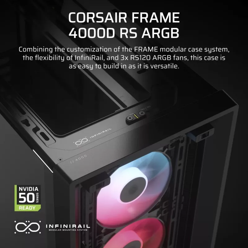 PC korpusas CORSAIR FRAME 4000D RS ARGB Midi Tower Juodas — ATX/Micro-ATX/Mini-ITX, grūdintas stiklas, ARGB ventiliatoriai, iki 370 mm GPU